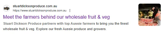 Screenshot of Stuart Dickson Produce's 'Our Farmers' page meta title and description, showcasing their unique selling point by emphasising their direct support for Australian farmers and locally grown produce.