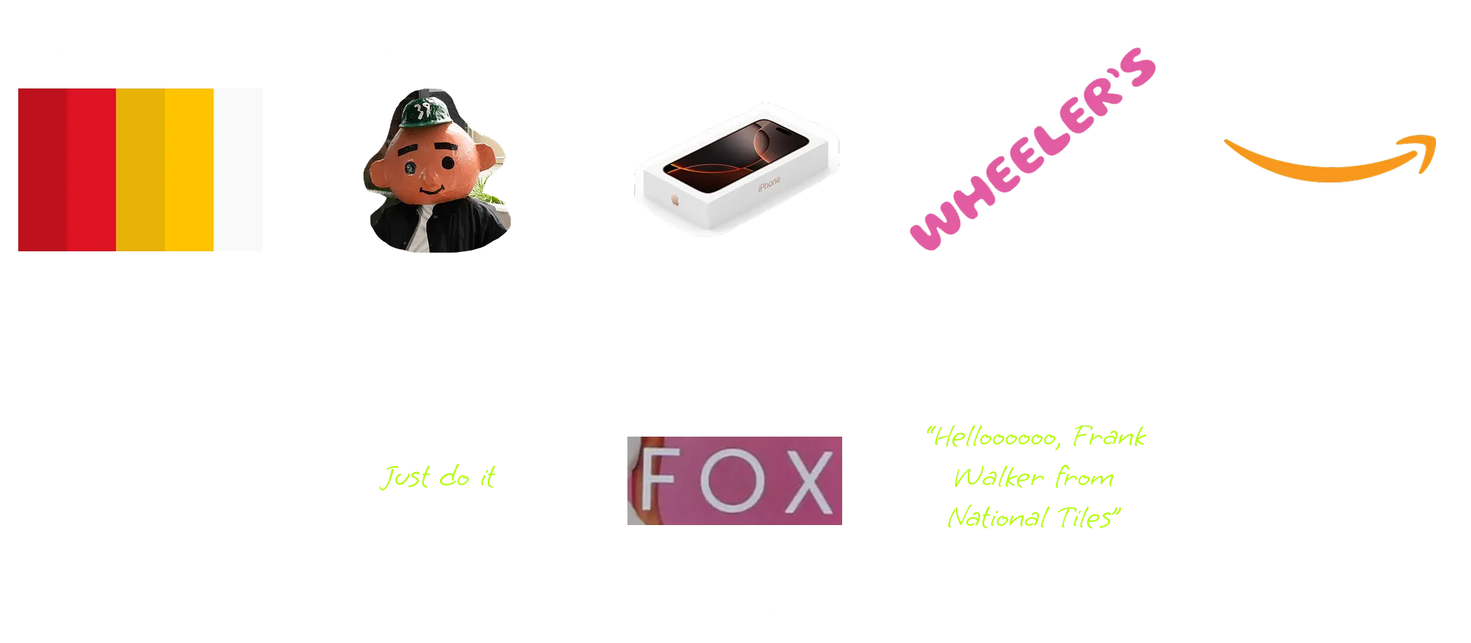 Examples of distinctive brand assets shown side by side: logos, colours, shapes, packaging, characters, typefaces, slogans, and sonic devices
